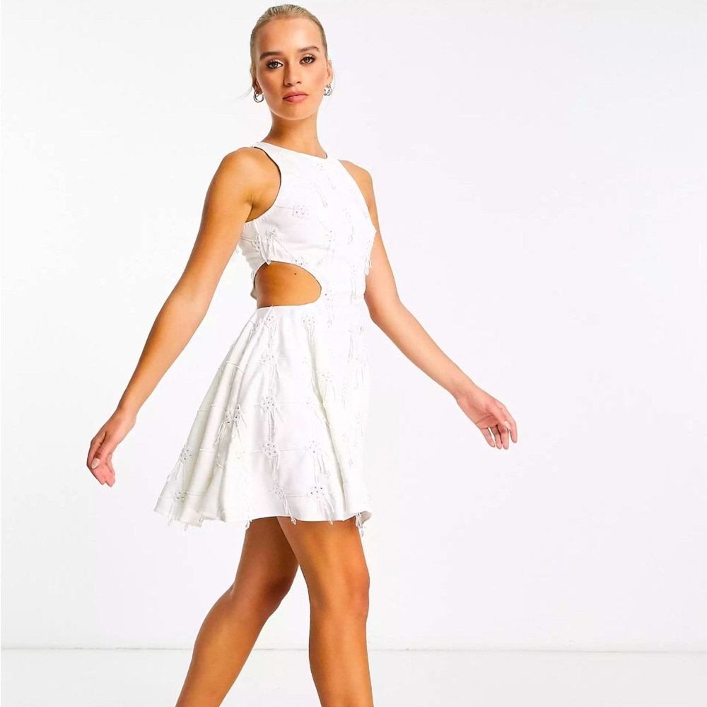 ASOS DESIGN embellished structured mini dress-beaded detail | White | Sz 8